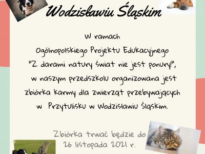 Zbiórka karmy dla Przytuliska w Wodzisławiu Śląskim - plakat informacyjny